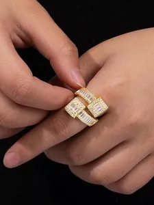 Detailed close-up view of a luxury gold-plated square zircon open ring for women