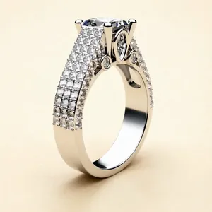 Side view of silver-plated ring with dense zircon pavé setting and center stone.