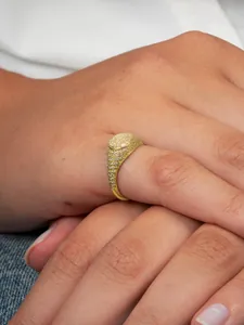 Close-up of a gold oval signet ring fully paved with 5A zircon stones in hip-hop style