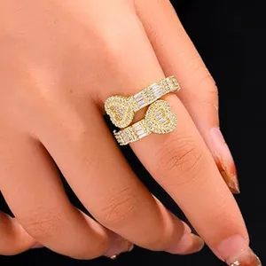 Hip Hop Double Heart Rhinestone Open Ring For Women Copper Gold Silver Plated Adjustable Iced Out Trendy Jewelry Finger Ring