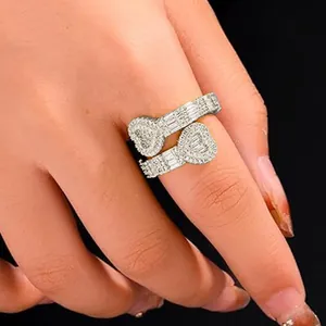 Elegant sparkling iced out double heart bypass wrap ring with pavé rhinestones for women