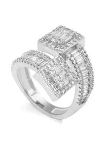 Close-up detail of luxury silver square open ring with sparkling baguette cubic zirconia