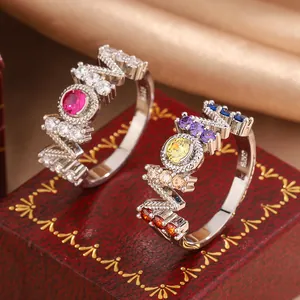 Fashion Silver Plated Copper MOM Letter Ring For Women Inlaid Red Multicolor Zirconia Heart Shape Anniversary Jewelry Gift