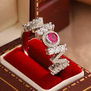 Silver MOM ring with ruby-red center stone and sparkling clear cubic zirconia accents