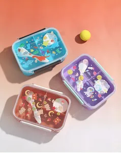 Portable three-compartment plastic lunch box set with cute cartoon patterns for kids