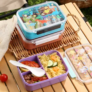 Portable three-grid cartoon plastic bento lunch box for students with cute patterns