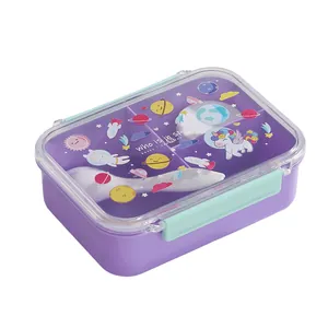 Purple three-compartment plastic lunch box for kids with space unicorn lid design