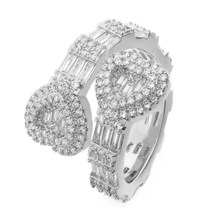 Sparkling hip hop style iced out heart wrap ring with premium cubic zirconia stones