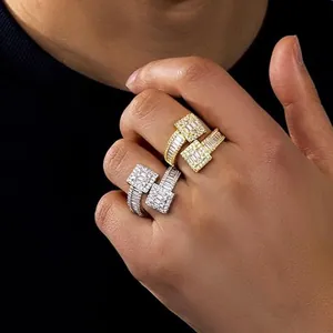 Trendy Geometric Square Open Ring For Women Luxury Brass Zirconia Inlaid Minimalist Finger Ring Jewelry Gift Gold Silver
