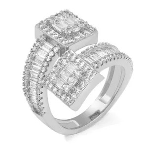 Elegant silver-tone bypass ring with square halo baguette cubic zirconia stones