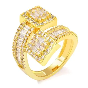 Elegant gold plated open ring with square cluster of baguette and round cubic zirconia