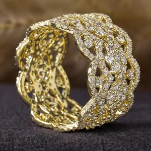 Elegant gold wide floral ring with micro-pave cubic zirconia crystals for women
