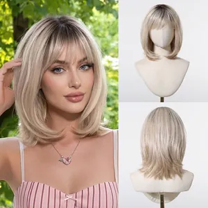 Vistas detalladas de peluca bob corta rubia degradada con flequillo y ondas naturales