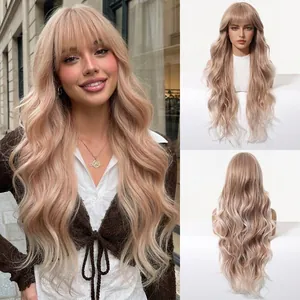 Natural Synthetic Fiber Long Wavy Wig With Flat Bangs Rose Gold Big Wave Heat Resistant Full Head Wig For Women Daily Party