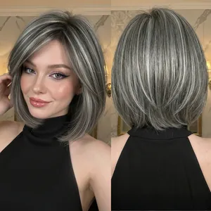 Close-up detail of gray highlighted short bob wig for women with stylish layered cut