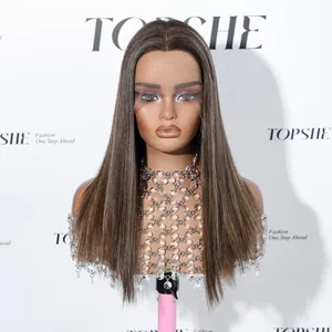 High-quality dark brown straight human hair wig shown on a professional mannequin