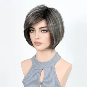 Side-swept short bob wig in grey silver heat resistant synthetic hair on mannequin head