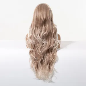 Rear view of long wavy blonde wig with rose gold highlights showing hair texture