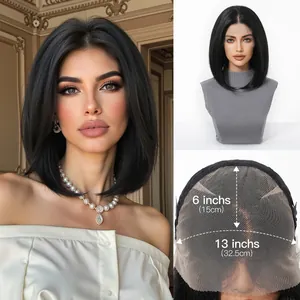 Vista detallada de peluca bob lace front 13x6 que muestra malla interna y medidas exactas