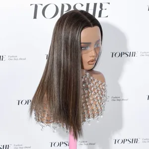 Side view of dark brown straight human hair wig with highlights on mannequin