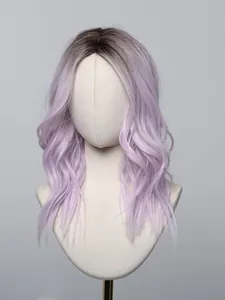 Close-up of a high-quality lavender ombre long wavy wig with dark roots and center part