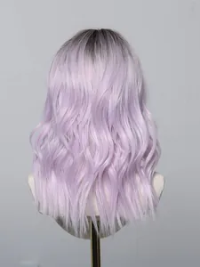 Macro detail showing the texture and ombre color of a long wavy purple cosplay wig.