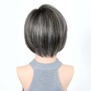 Detailed back view of short salt and pepper bob wig showing realistic hair texture