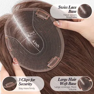Detail of breathable Swiss lace base hair topper with 3 secure clips and 2x4 size.