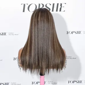 Close-up rear view of long straight human hair wig with deep brown and honey highlights