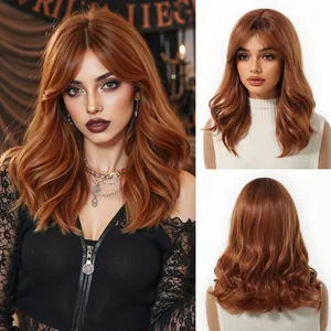 Detailed views of long wavy auburn synthetic wig showing front and back styles for cosplay