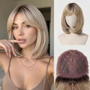 Detalle de una peluca bob rubia degradada que muestra el estilo y la estructura de la gorra.