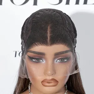 Detailed view of the Swiss lace front construction on a dark brown human hair wig.
