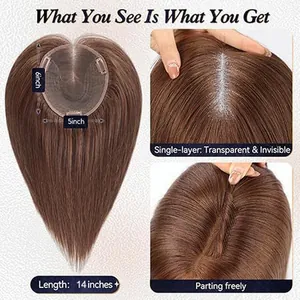 Detailed view of 14-inch golden brown human hair topper with transparent Swiss lace base.