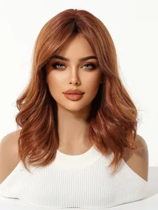 Elegant auburn medium-length wavy wig with soft layers and a natural center part.