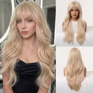 Detailed multi-angle view of long wavy rose gold synthetic wig with fringe bangs