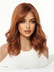 Professional close-up view of a wavy copper auburn synthetic wig for cosplay and Halloween