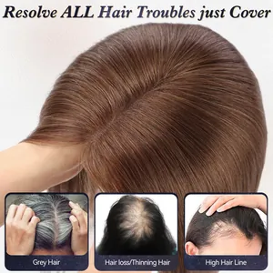 Natural brown human hair topper detail showing coverage for hair loss and grey hair