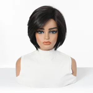 Short black synthetic bob wig detailed view on mannequin wearing a white sleeveless top.