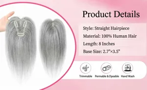 Dettaglio di un toupet in capelli veri lisci grigi con clip metalliche per fissaggio