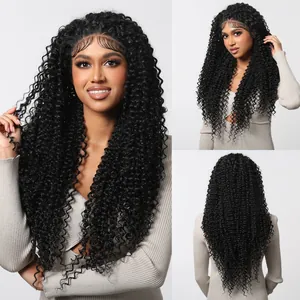 Detailed views of long black kinky curly 13x6 lace front wig showing texture and fit