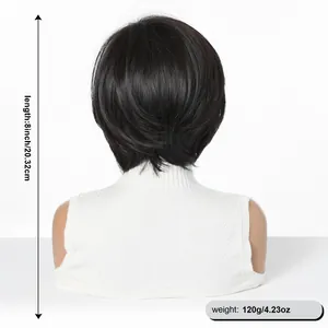 Detailed back view of an 8-inch short black bob wig with length and weight specifications