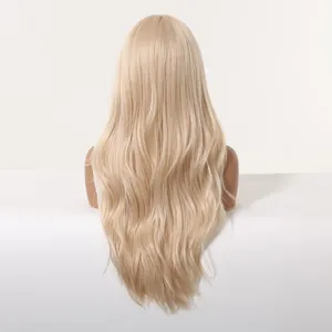 Detailed back view showing the flowing texture of long wavy rose gold synthetic wig.