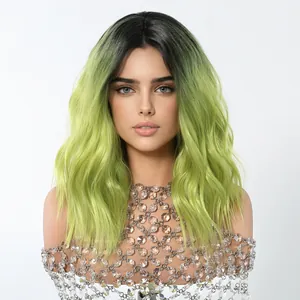 Detailed view of the vibrant lime green ombre wavy wig featuring natural dark roots