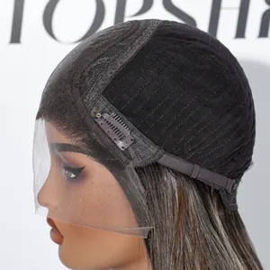 Close-up of Swiss lace hand-tied real human hair wig in dark brown straight style