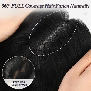 Close-up of black hair topper showing natural hair seam and breathable mesh base