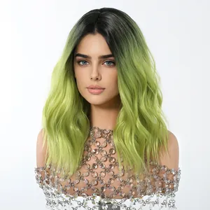 Detailed close-up showing the texture of an ombre lime green wavy wig for Halloween cosplay.