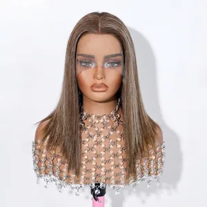 High-quality detail of Swiss lace hand-tied dark brown straight human hair wig