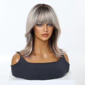 Ash blonde gradient bob wig with bangs on a mannequin bust, high-quality detail view