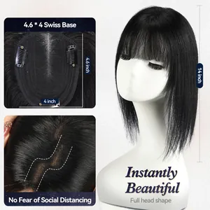 Detailed view of 14-inch black human hair topper with a breathable 4.6x4 Swiss base