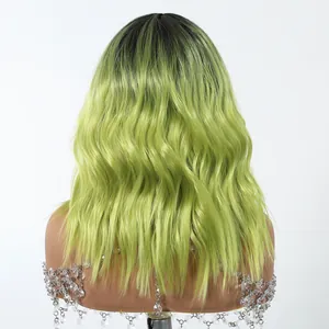 Detailed back view of medium-length wavy wig with gradient black to lime green color